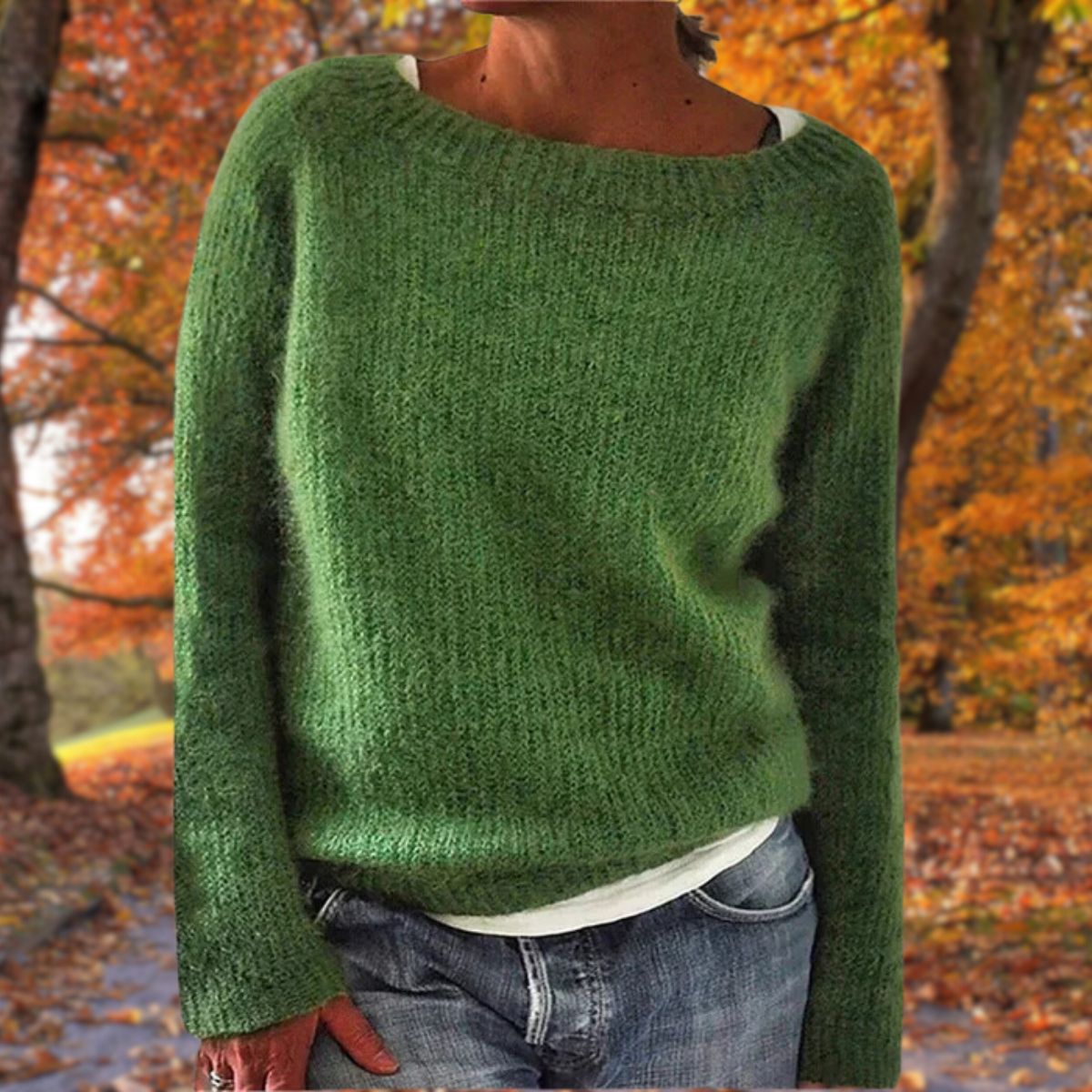 Womens boat neck sweater in Green fine knit, front view