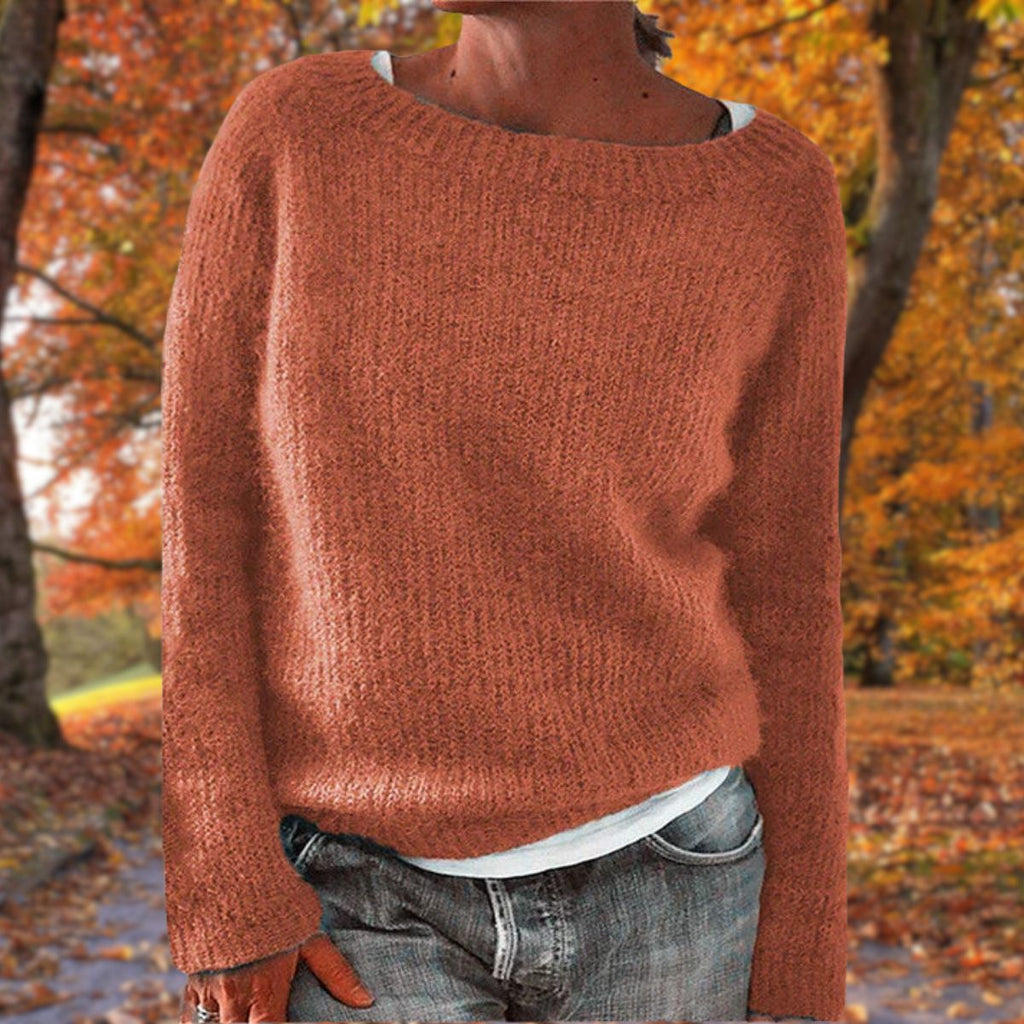 Womens boat neck sweater in Orange fine knit, front view