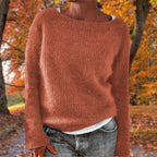 Womens boat neck sweater in Orange fine knit, front view