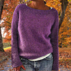 Womens boat neck sweater in Purple fine knit, front view