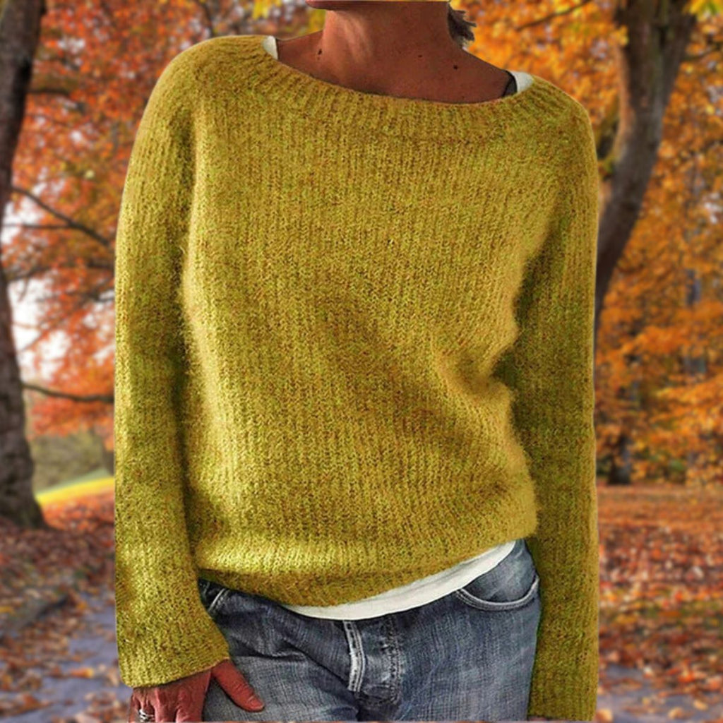 Womens boat neck sweater in Yellow fine knit, front view over jeans