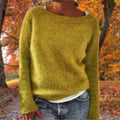 Womens boat neck sweater in Yellow fine knit, front view over jeans