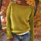 Womens boat neck sweater in Yellow fine knit, front view over jeans