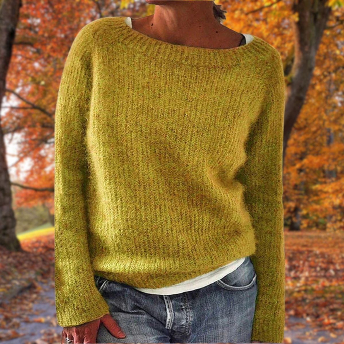 Womens boat neck sweater in Yellow fine knit, front view over jeans