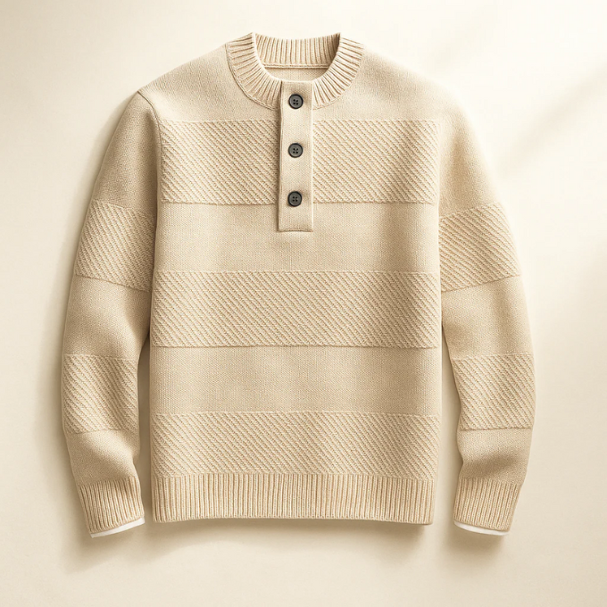 Striped Texture Henley Shirt with Button Placket