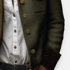 Womens tweed jacket with velvet trim in olive, close-up of buttons and velvet cuff