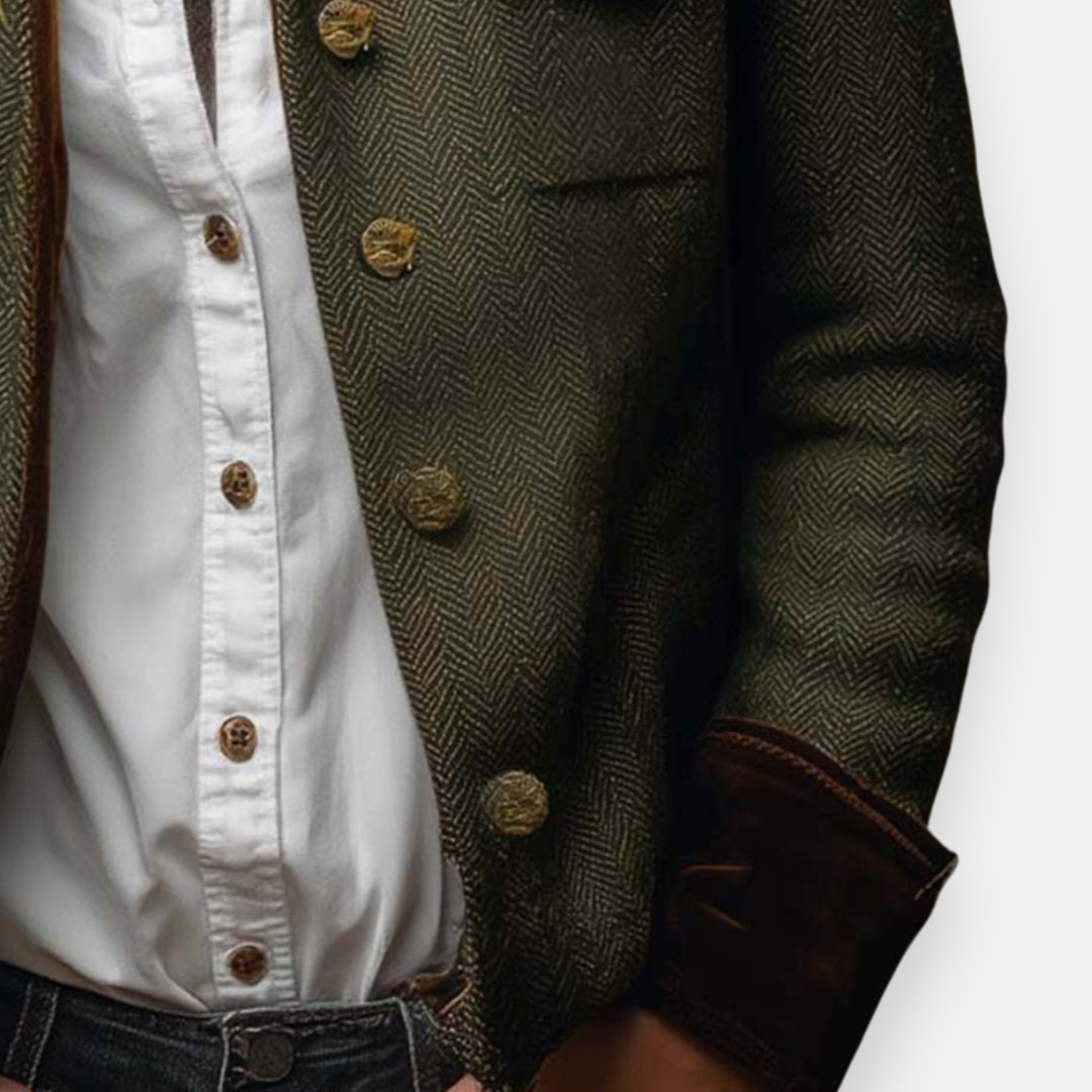 Womens tweed jacket with velvet trim in olive, close-up of buttons and velvet cuff