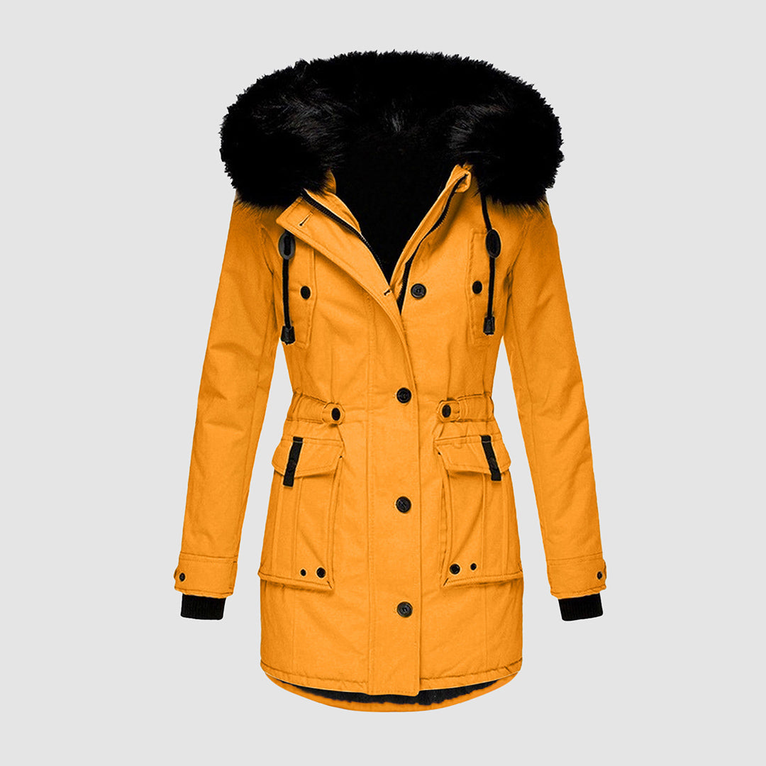 Womens parka with faux fur hood in Mustard Yellow, front view, drawstring waist and flap pockets