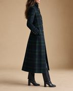 Womens wool blend coat in Green plaid, side view with stand collar and gold buttons