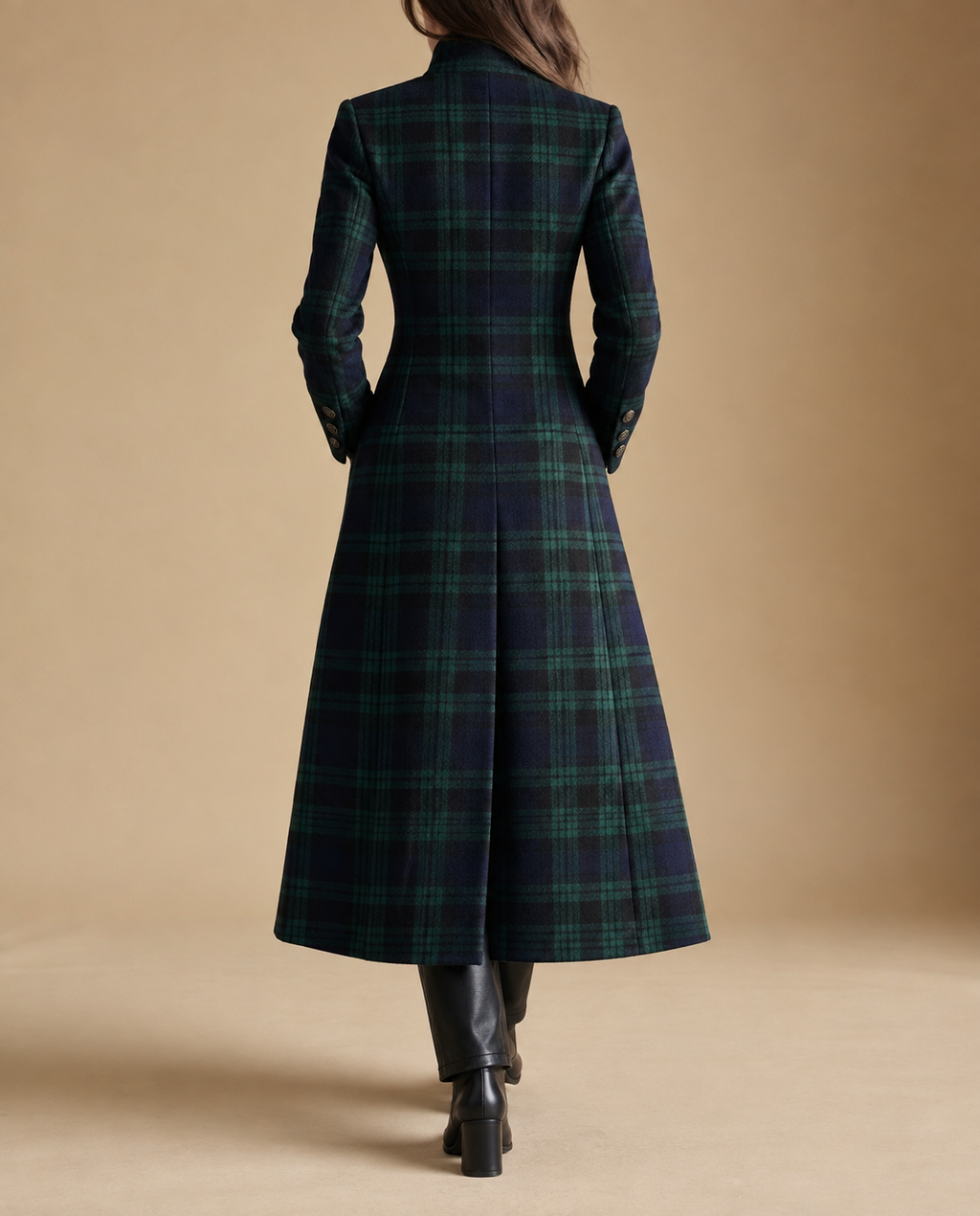 Womens wool blend coat in Green plaid, back view with inverted pleat