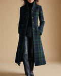 Womens wool blend coat in Green plaid, worn open over a black turtleneck