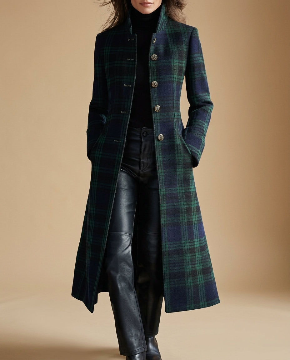 Womens wool blend coat in Green plaid, worn open over a black turtleneck