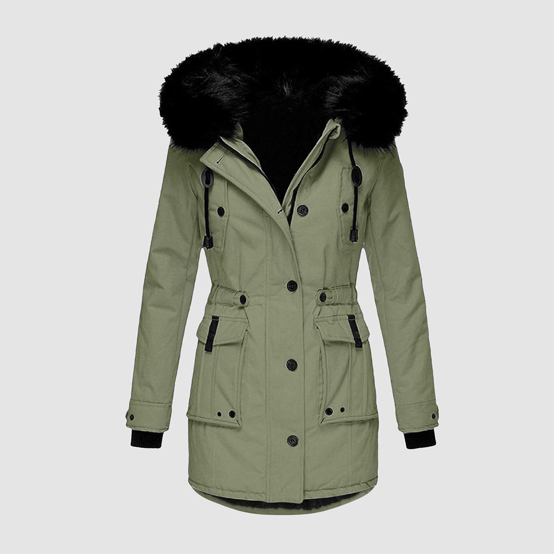 Womens parka with faux fur hood in Sage Green, front view, drawstring waist and flap pockets