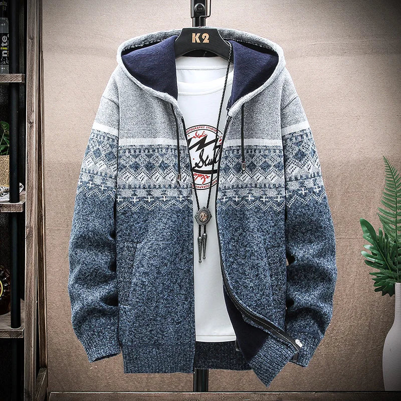 Light Gray Fair Isle Knit Hoodie for men, view 8