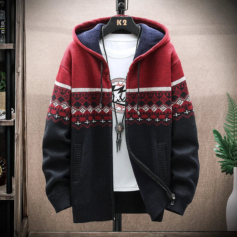 Burgundy Fair Isle Knit Hoodie for men, view 4