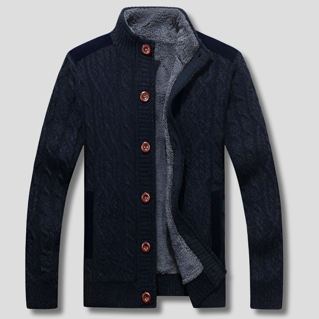 Dark Blue fleece Lined Cable Knit Cardigan for Men
