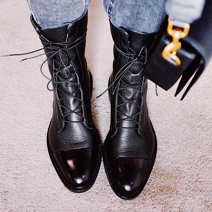 Womens lace up boots in Black with pebbled shaft and cap toe