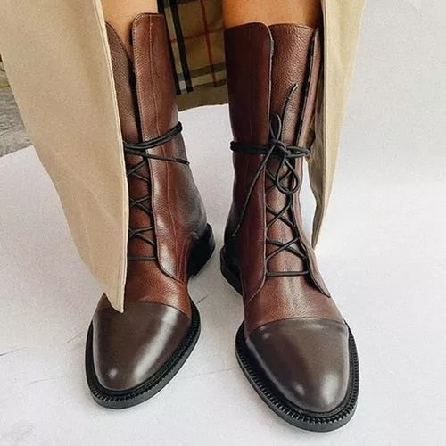 Womens lace up boots in Brown with cap toe, front view