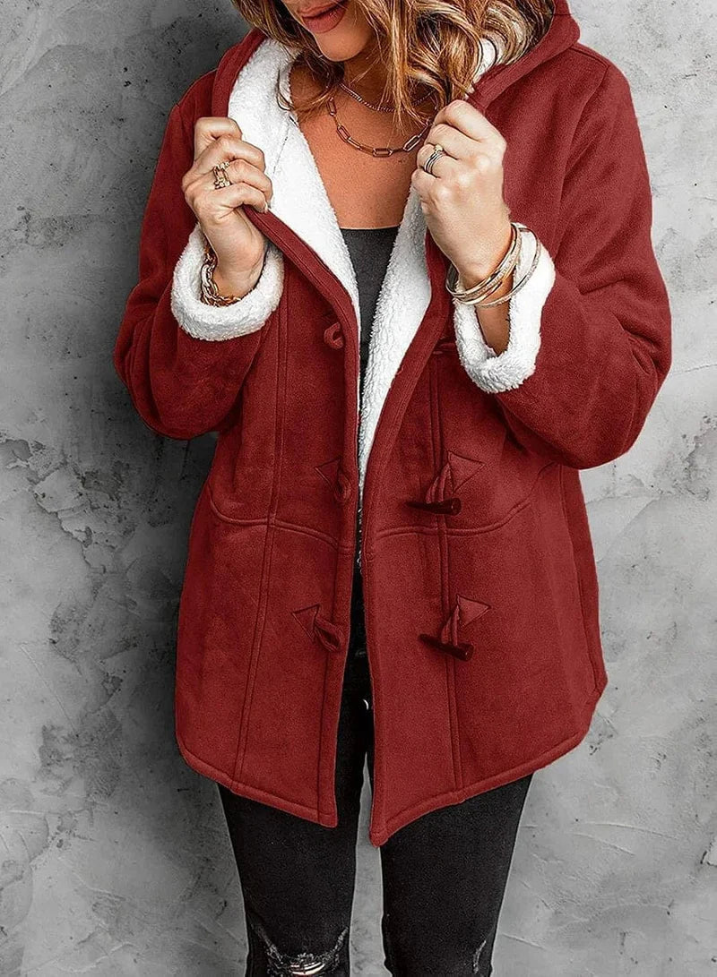 Womens duffle coat in Burgundy with toggle closures