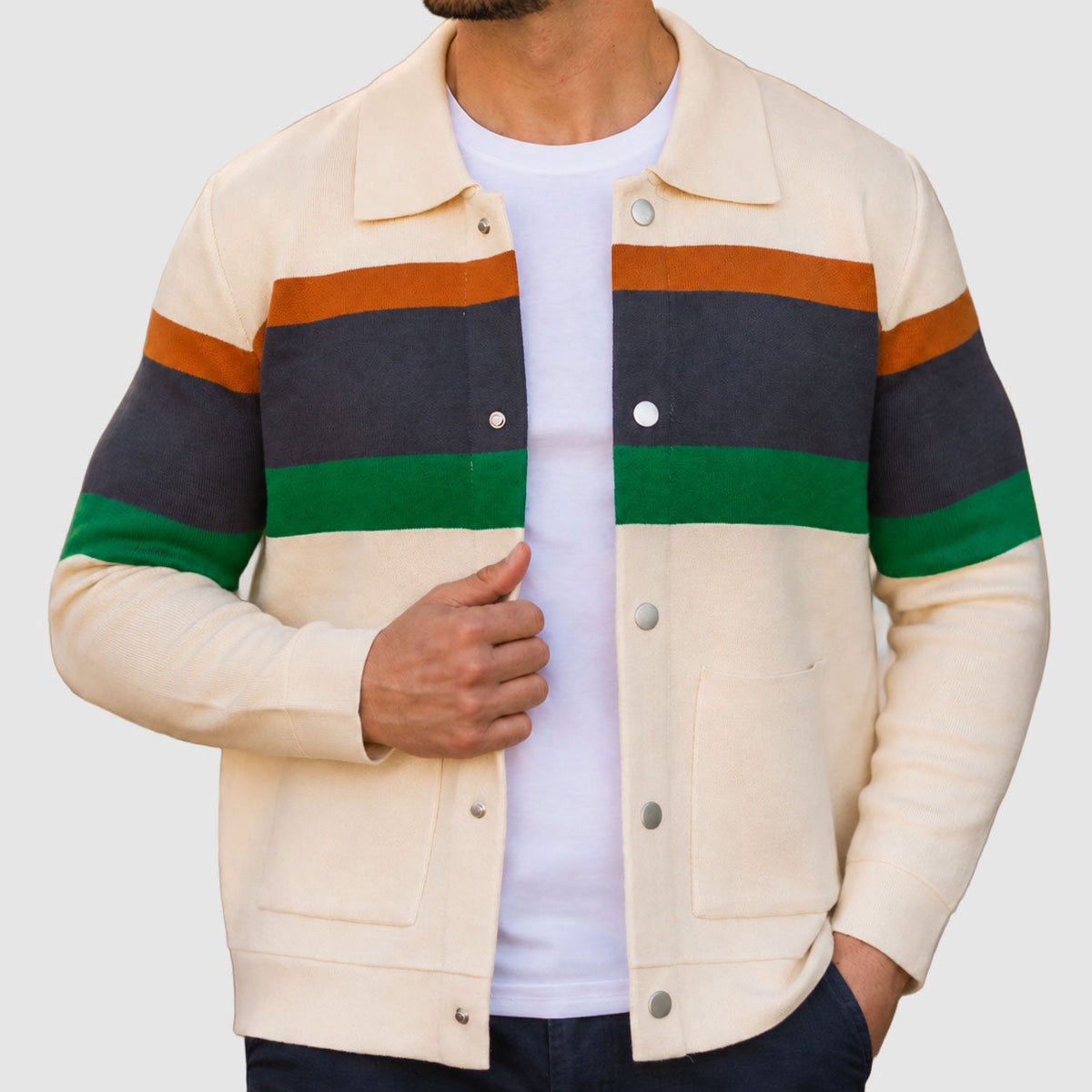 Color Block Cardigan for Men in Cream