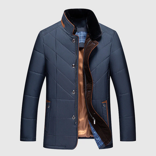Mens chevron quilted jacket in Navy, front view with faux fur collar