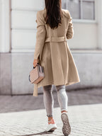 Womens long coat in Khaki, back view with half belt