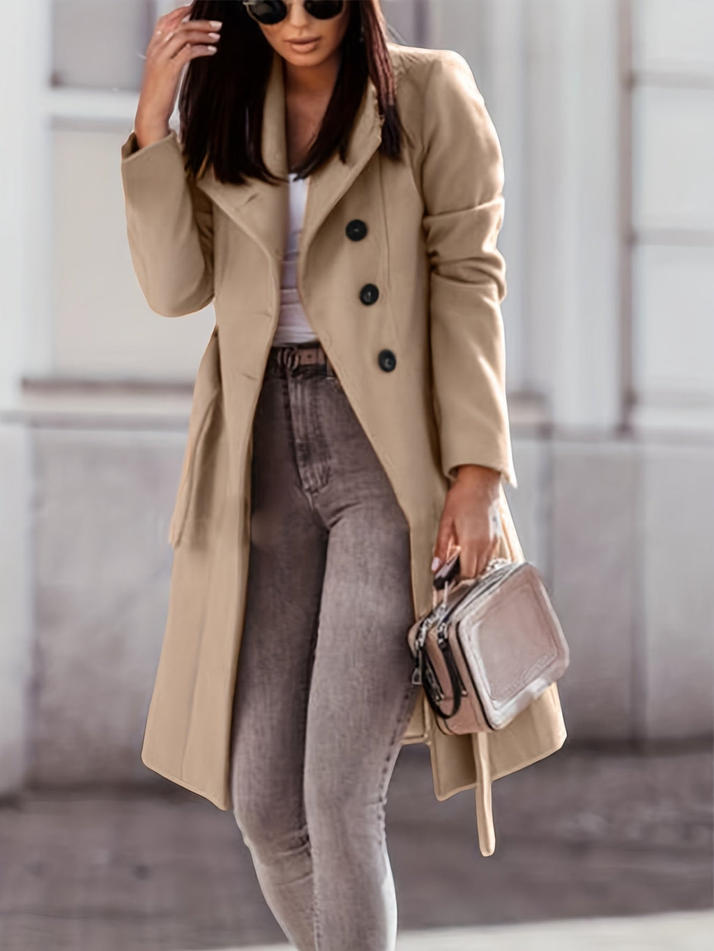 Womens long coat in Khaki, three-quarter front view