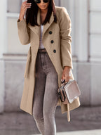 Womens long coat in Khaki, three-quarter front view