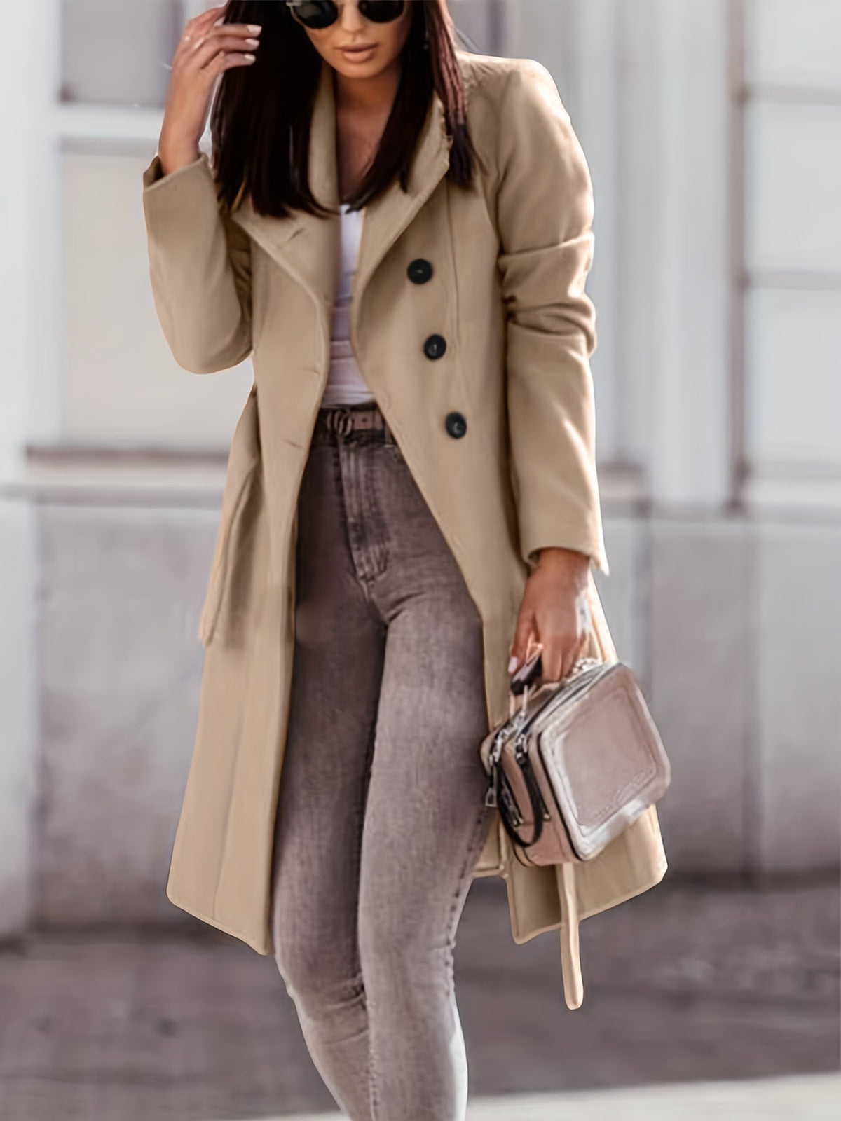 Womens long coat in Khaki, three-quarter front view