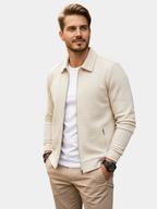 Mens zip up jacket in Beige textured knit with shirt collar, worn over a white tee