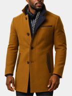 Mens overcoat in Camel, worn by a model with the check bib