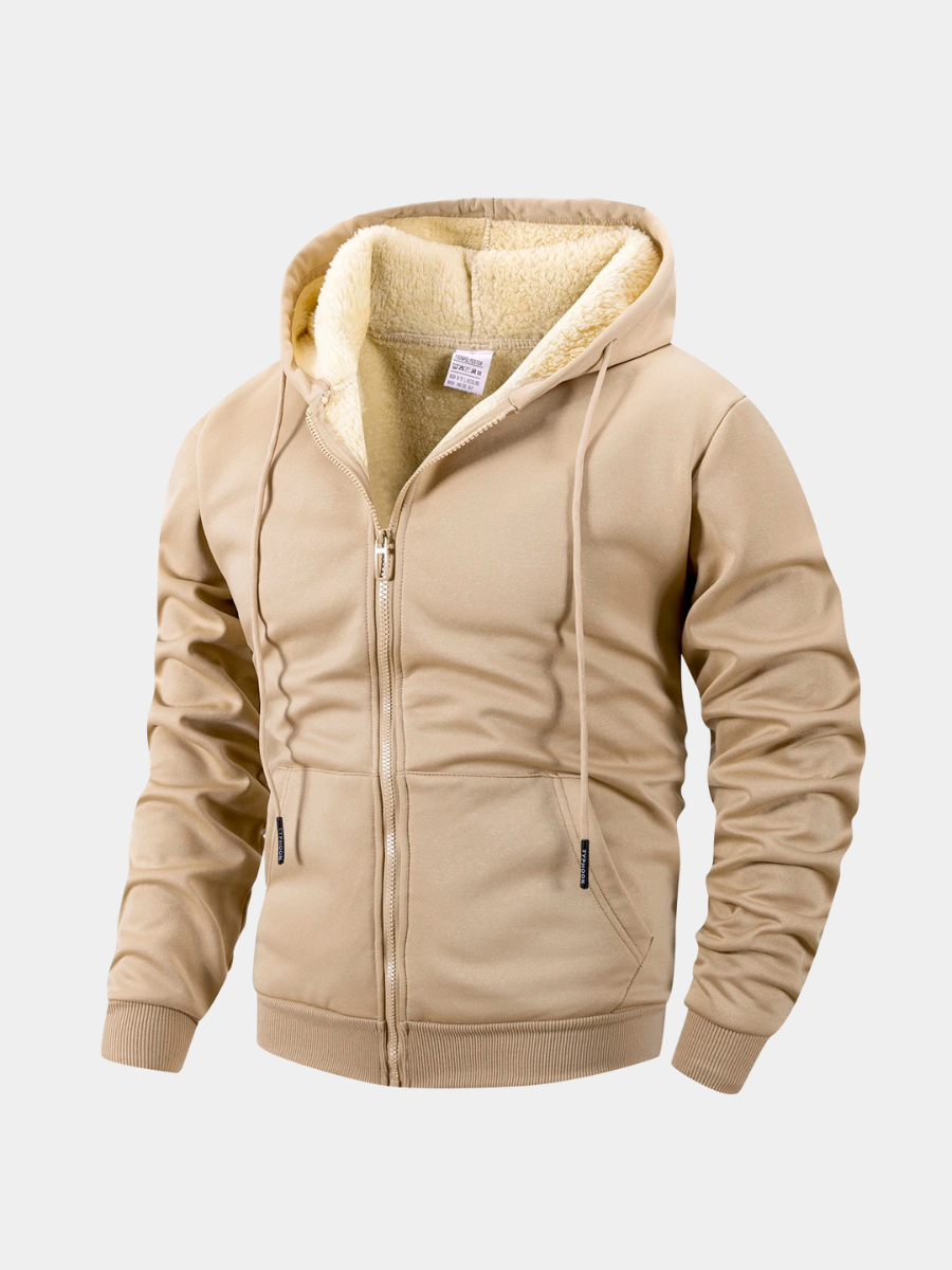 Mens zip up hoodie with sherpa lining in Beige, front view, sherpa lined hood
