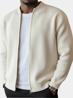 Mens zip up cardigan in rib knit in Beige, worn open over a white tee