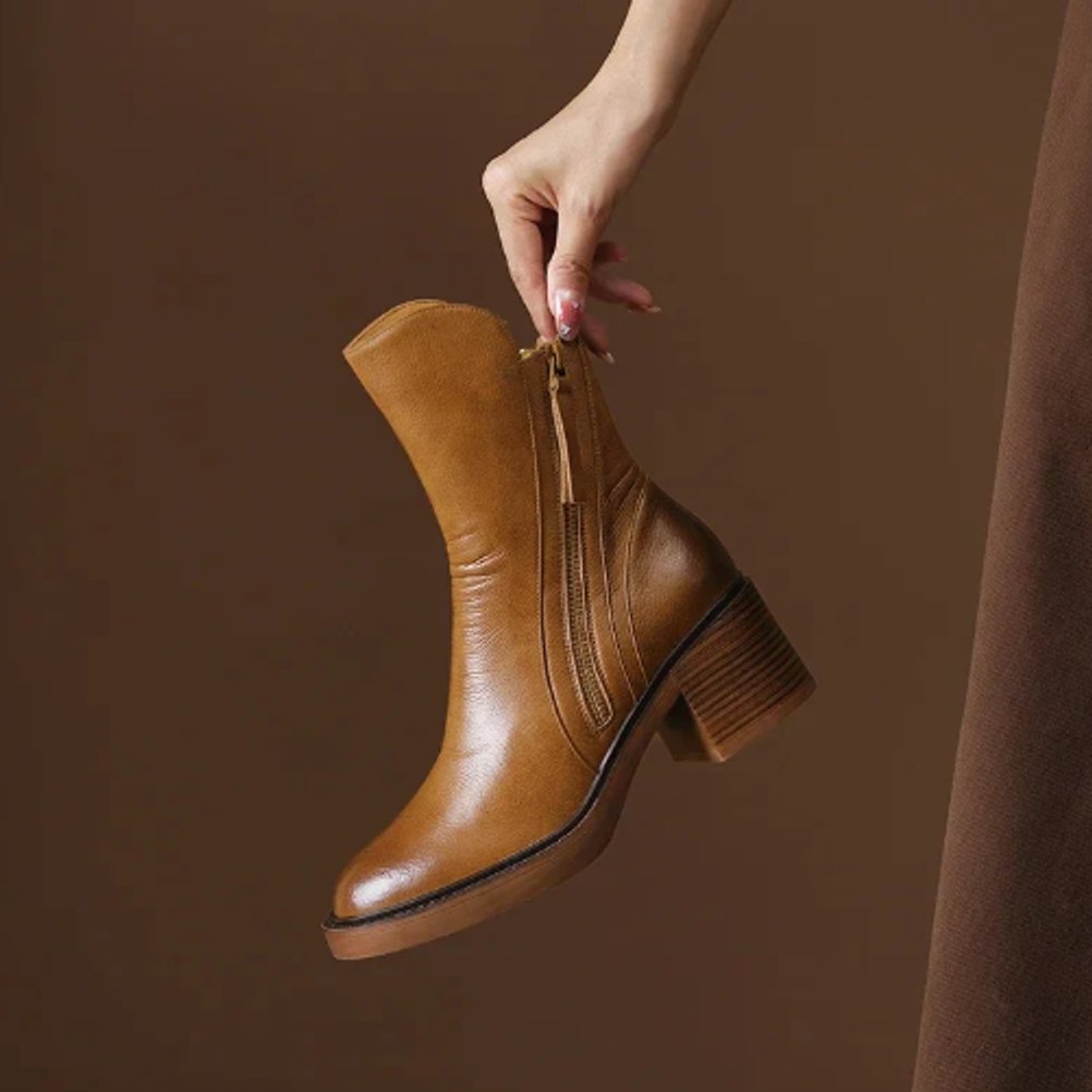 Womens ankle boots with block heel in Brown, held up, side zip view