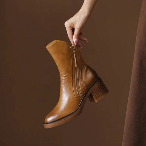 Womens ankle boots with block heel in Brown, held up, side zip view