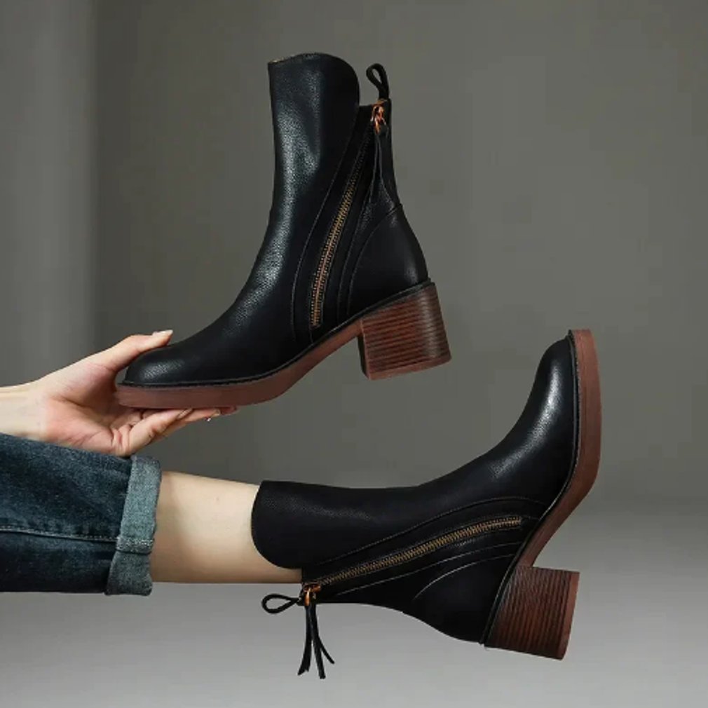 Womens ankle boots with block heel in Black, pair, side zip and heel