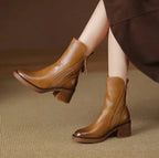 Womens ankle boots with block heel in Brown, worn, side view