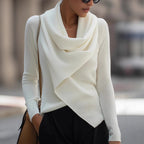 Womens cowl neck sweater in White with crossed wrap front, front view