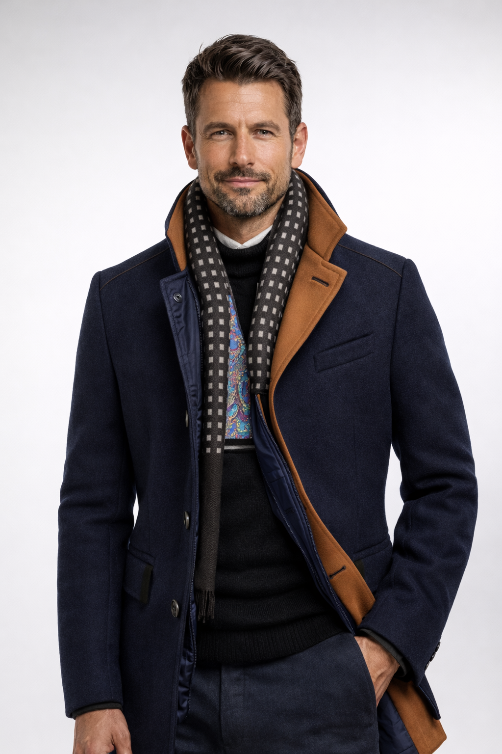 Mens overcoat in Navy, worn by a model over a sweater