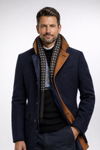 Mens overcoat in Navy, worn by a model over a sweater