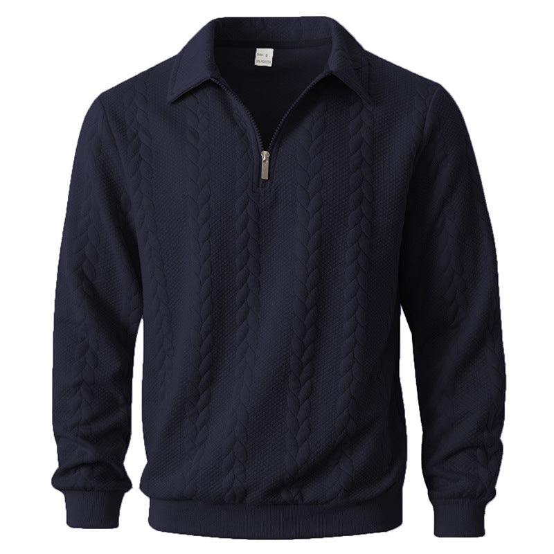 Mens quarter zip sweater in Navy, front view
