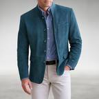 Mens suede jacket in Blue, worn over a striped shirt