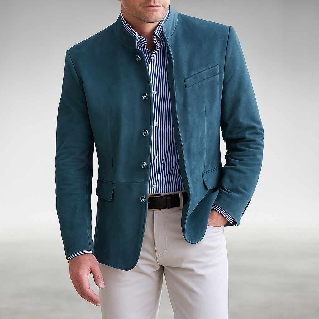 Mens suede jacket in Blue, worn over a striped shirt