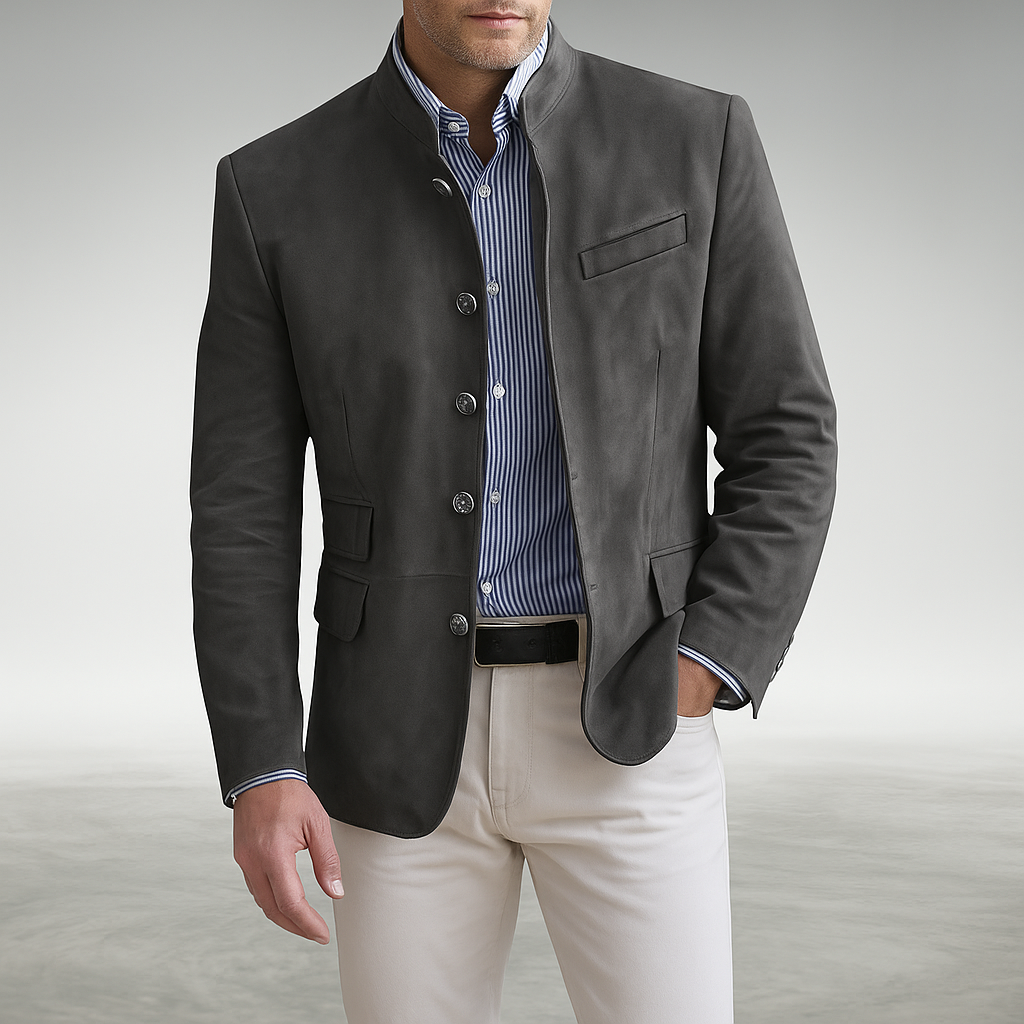 Mens suede jacket in Gray, worn over a striped shirt