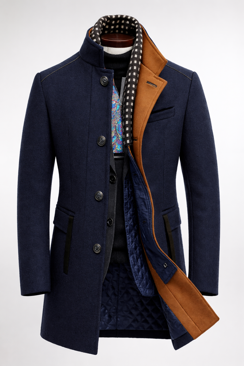 Mens overcoat in Navy, open front with camel facing