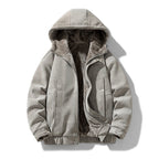 Mens sherpa lined jacket in Gray, front view with hood up