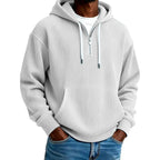 Mens quarter zip hoodie in White, front view with drawstring hood