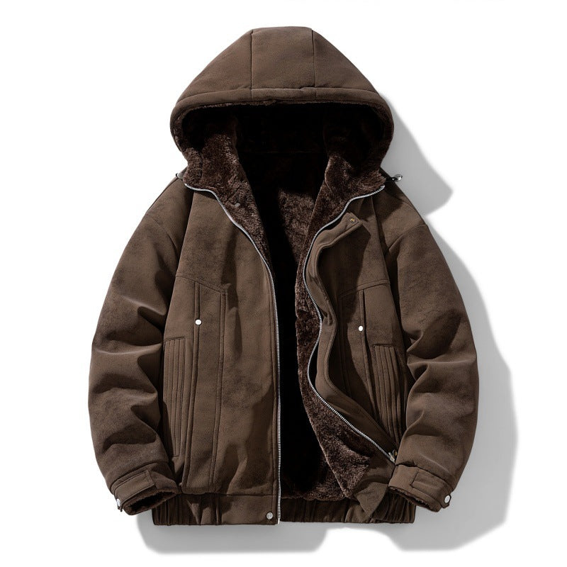 Mens sherpa lined jacket in Brown, front view, open