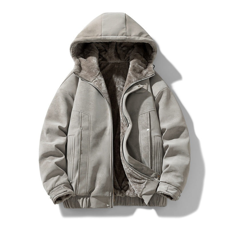 Mens sherpa lined jacket in Gray, front view, partly zipped