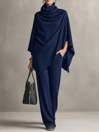 Womens two piece set in Navy, draped cowl neck poncho top with wide leg pants